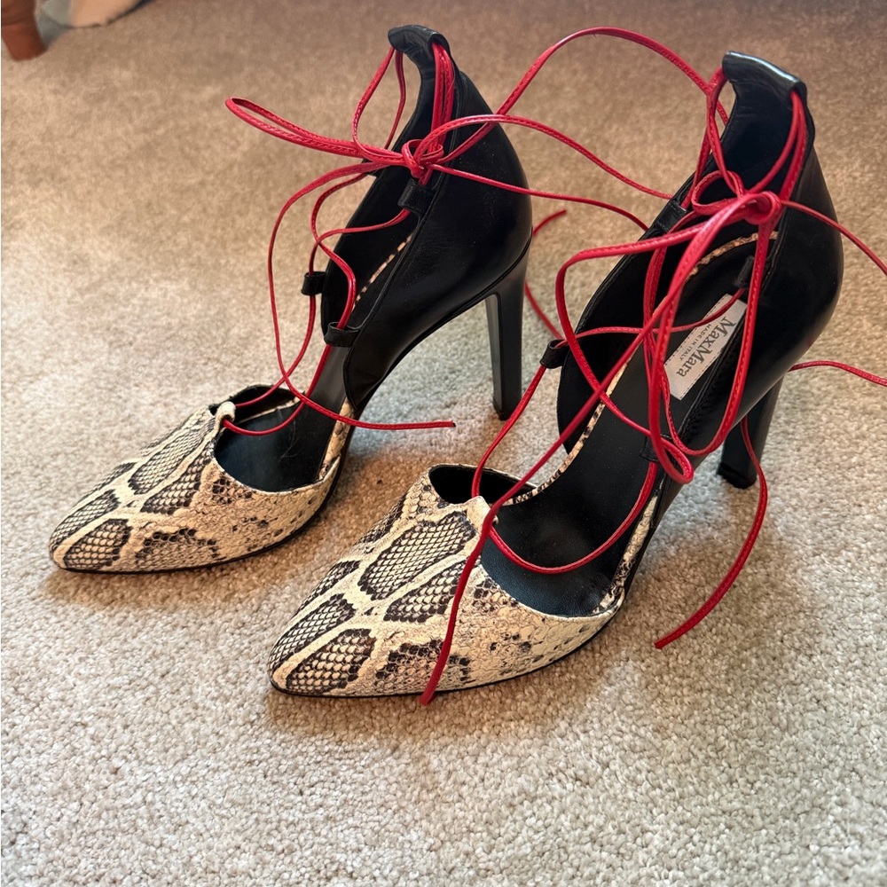 MaxMara Black and Snake Print Heels with Red Laces